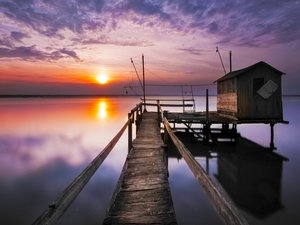 安卓海边 落日 木屋 夕阳 美景手机壁纸