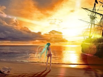 动漫 动漫少女 初音未来 海岸 黄昏