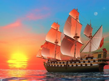 风景 夕阳 落日 地平线 大海 帆船