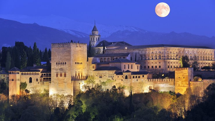 风景 旅游 西班牙 阿兰布拉宫 夜晚 月亮