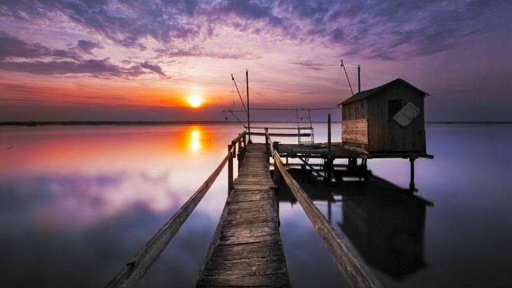 海边 落日 木屋 夕阳 美景